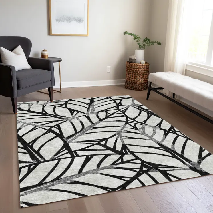 8' X 10' Black Gray And Beige Floral Washable Indoor Outdoor Area Rug