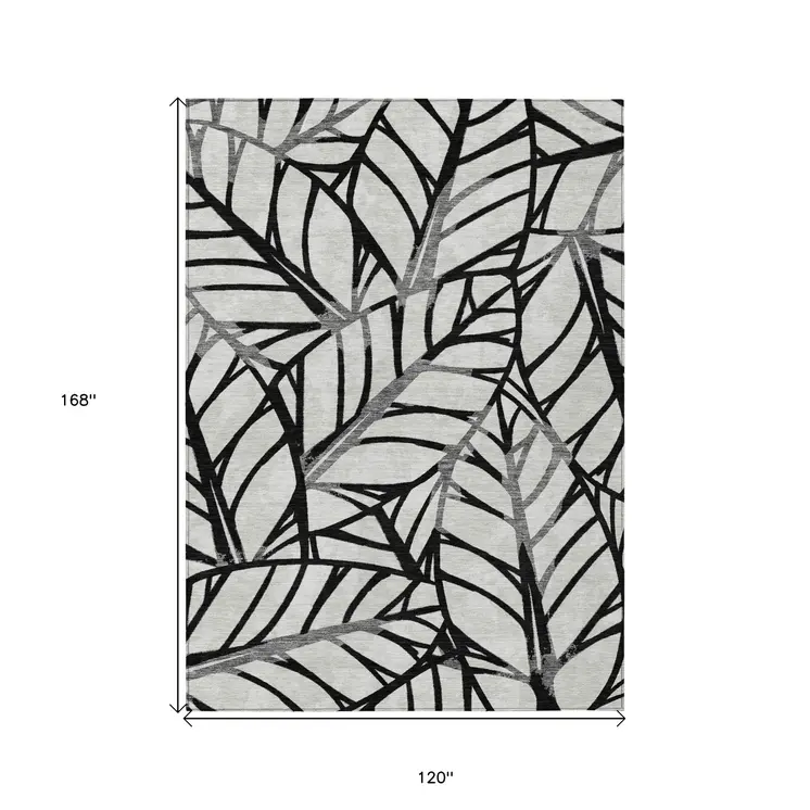 10' X 14' Black Gray And Beige Floral Washable Indoor Outdoor Area Rug