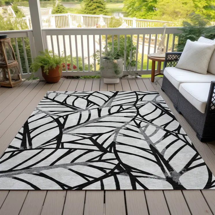 10' X 14' Black Gray And Beige Floral Washable Indoor Outdoor Area Rug
