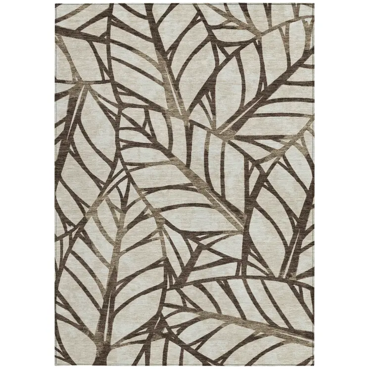 3' X 5' Chocolate And Beige Floral Washable Indoor Outdoor Area Rug