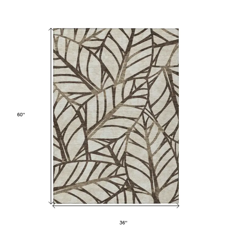 3' X 5' Chocolate And Beige Floral Washable Indoor Outdoor Area Rug