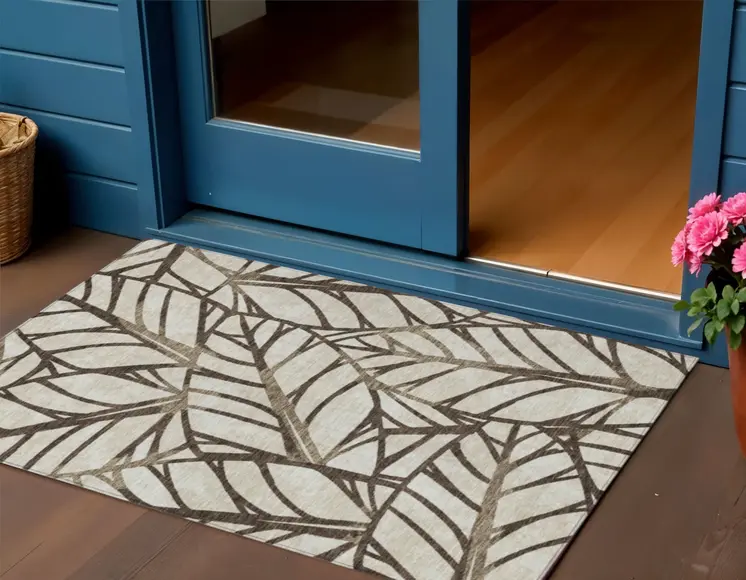 3' X 5' Chocolate And Beige Floral Washable Indoor Outdoor Area Rug
