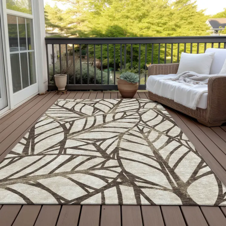 3' X 5' Chocolate And Beige Floral Washable Indoor Outdoor Area Rug