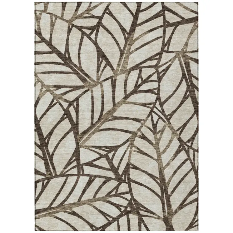 3' X 5' Chocolate And Beige Floral Washable Indoor Outdoor Area Rug