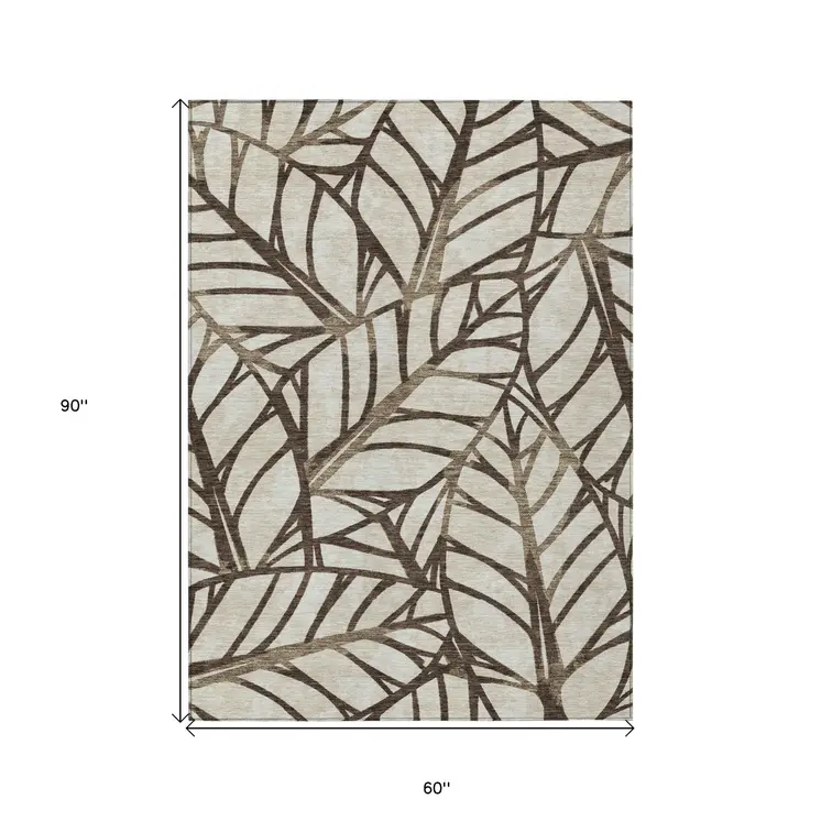 5' X 8' Chocolate And Beige Floral Washable Indoor Outdoor Area Rug