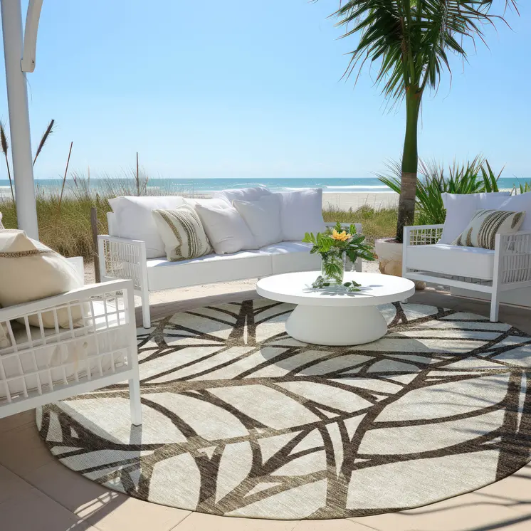 8' Chocolate And Beige Round Floral Washable Indoor Outdoor Area Rug