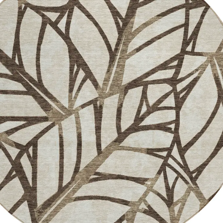 8' Chocolate And Beige Round Floral Washable Indoor Outdoor Area Rug