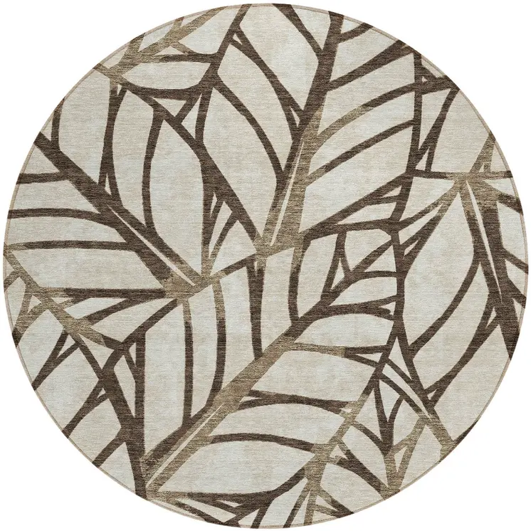8' Chocolate And Beige Round Floral Washable Indoor Outdoor Area Rug