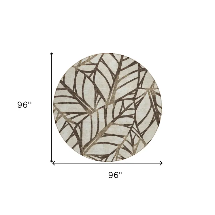 8' Chocolate And Beige Round Floral Washable Indoor Outdoor Area Rug