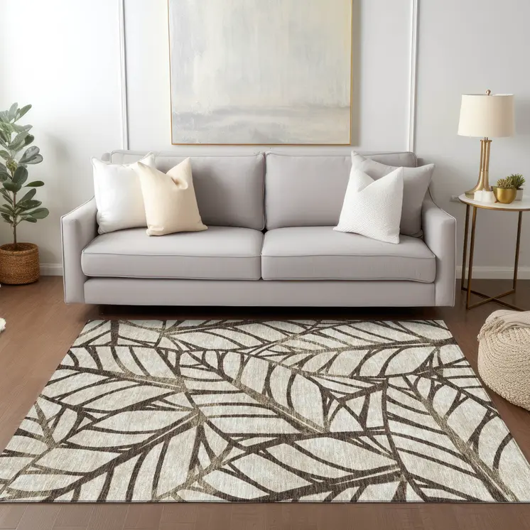 10' X 14' Chocolate And Beige Floral Washable Indoor Outdoor Area Rug