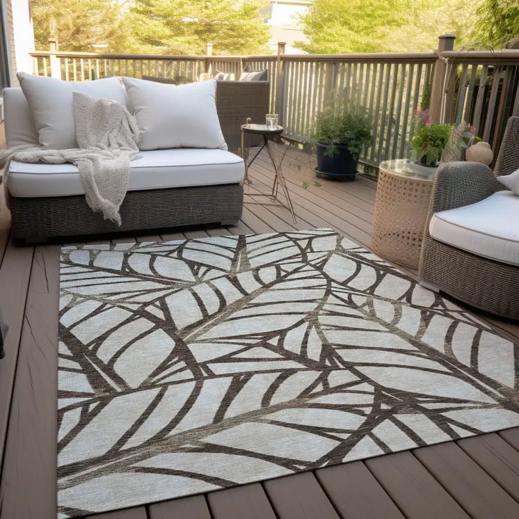 10' X 14' Chocolate And Beige Floral Washable Indoor Outdoor Area Rug