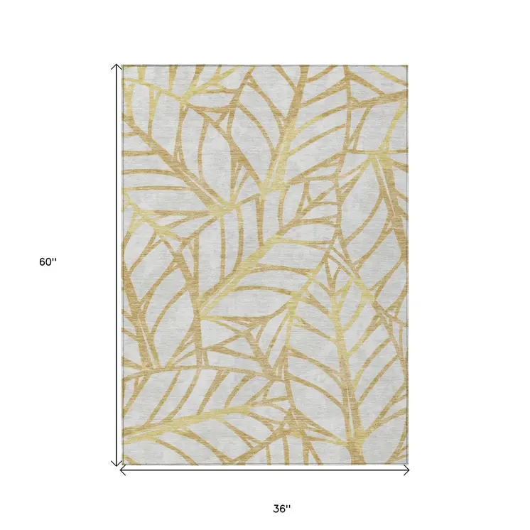 3' X 5' Gold And Beige Floral Washable Indoor Outdoor Area Rug