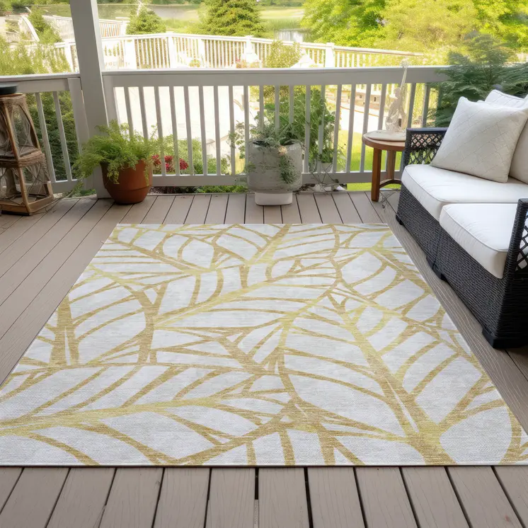 3' X 5' Gold And Beige Floral Washable Indoor Outdoor Area Rug