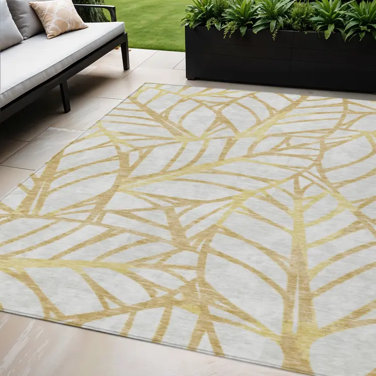5' X 8' Gold And Beige Floral Washable Indoor Outdoor Area Rug