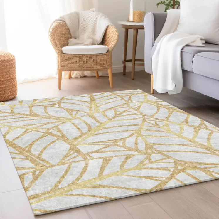 5' X 8' Gold And Beige Floral Washable Indoor Outdoor Area Rug