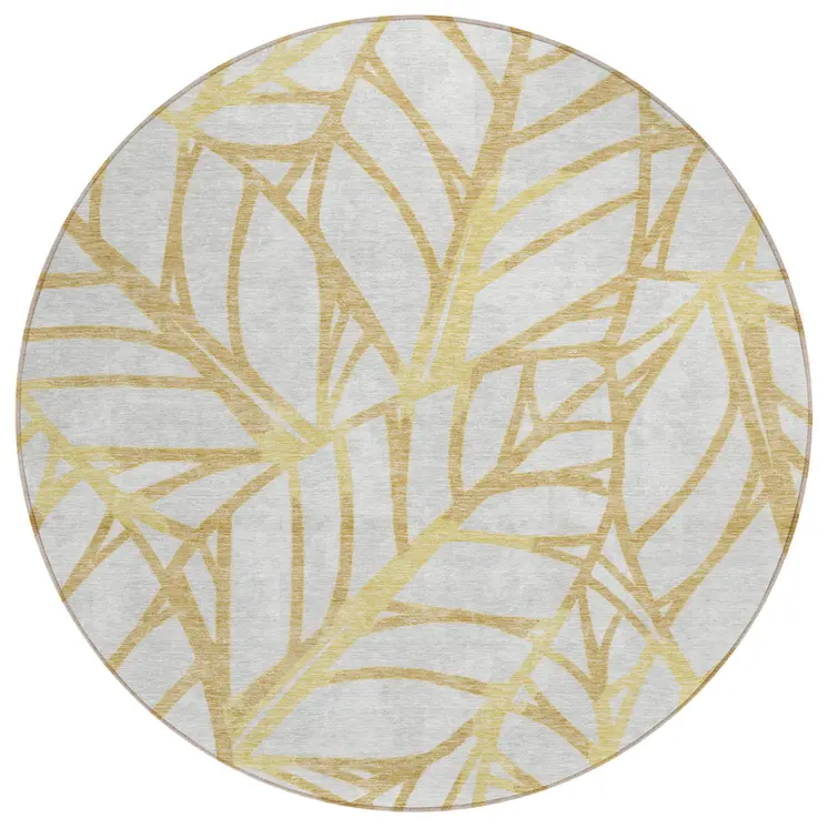 8' Gold And Beige Round Floral Washable Indoor Outdoor Area Rug