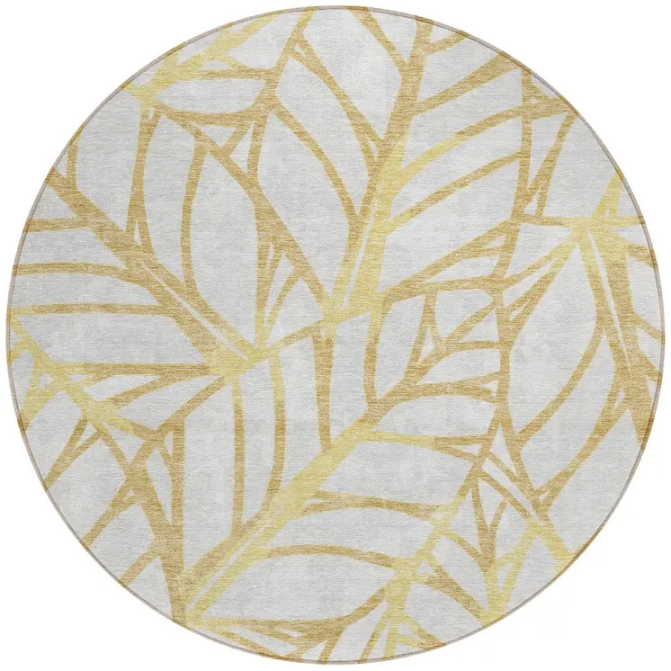 8' Gold And Beige Round Floral Washable Indoor Outdoor Area Rug