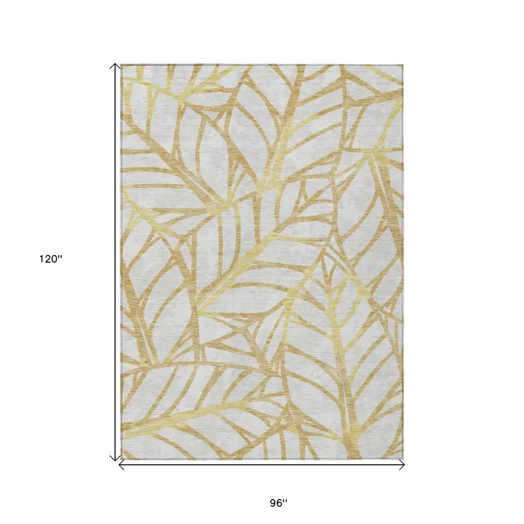 8' X 10' Gold And Beige Floral Washable Indoor Outdoor Area Rug