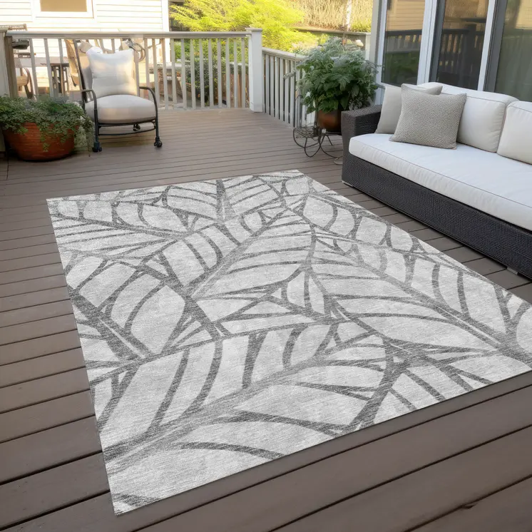 3' X 5' Gray And Silver Floral Washable Indoor Outdoor Area Rug