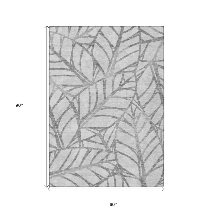 5' X 8' Gray And Silver Floral Washable Indoor Outdoor Area Rug