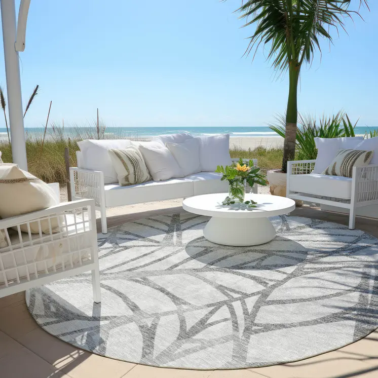 8' Gray And Silver Round Floral Washable Indoor Outdoor Area Rug