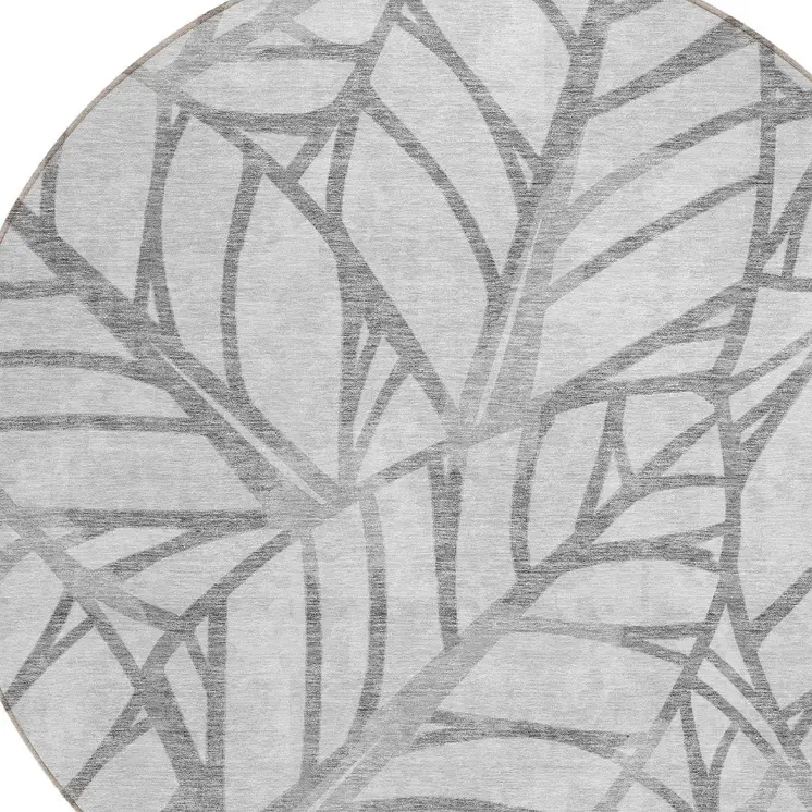 8' Gray And Silver Round Floral Washable Indoor Outdoor Area Rug