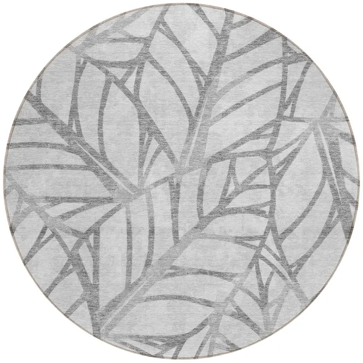 8' Gray And Silver Round Floral Washable Indoor Outdoor Area Rug