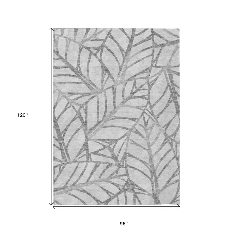 8' X 10' Gray And Silver Floral Washable Indoor Outdoor Area Rug