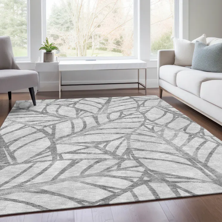 8' X 10' Gray And Silver Floral Washable Indoor Outdoor Area Rug