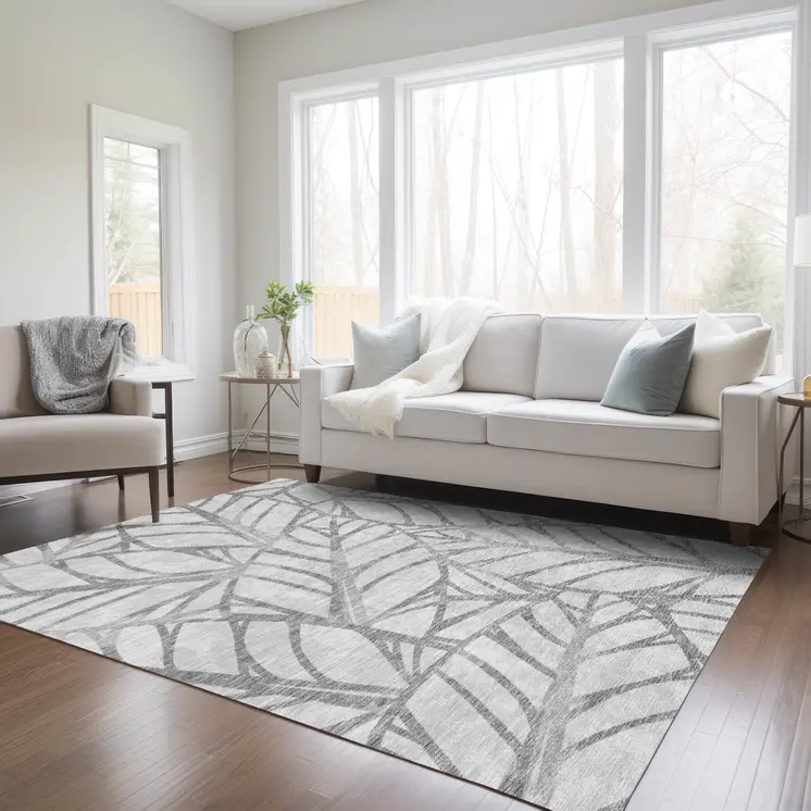8' X 10' Gray And Silver Floral Washable Indoor Outdoor Area Rug