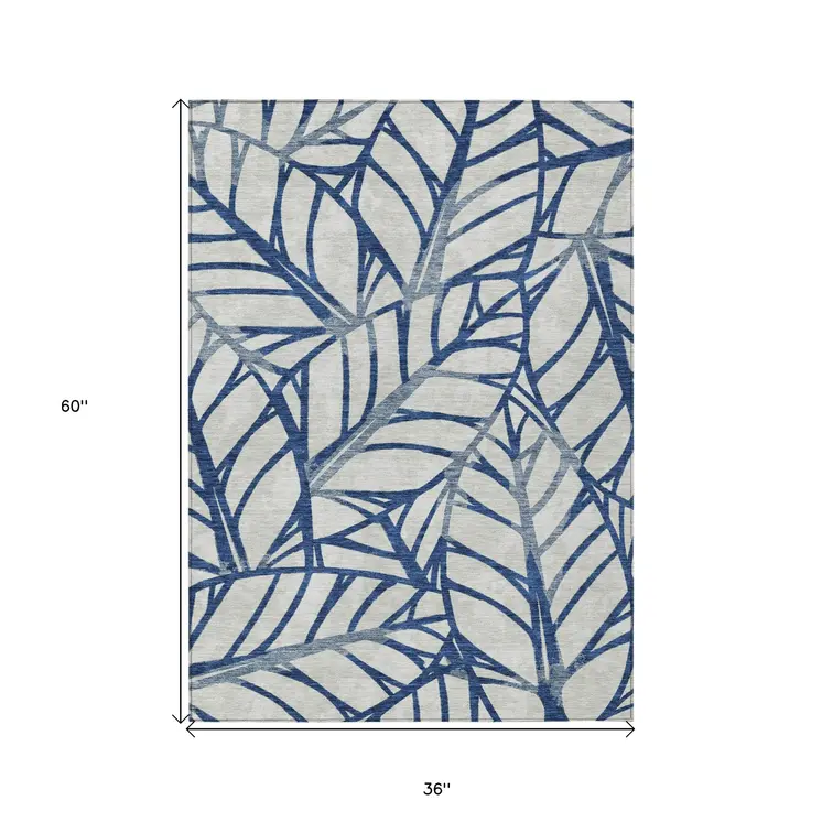 3' X 5' Navy Blue And Beige Floral Washable Indoor Outdoor Area Rug