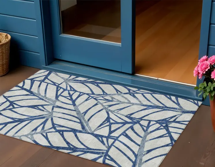 3' X 5' Navy Blue And Beige Floral Washable Indoor Outdoor Area Rug