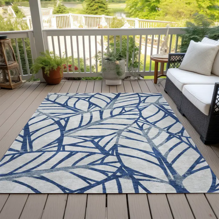 3' X 5' Navy Blue And Beige Floral Washable Indoor Outdoor Area Rug
