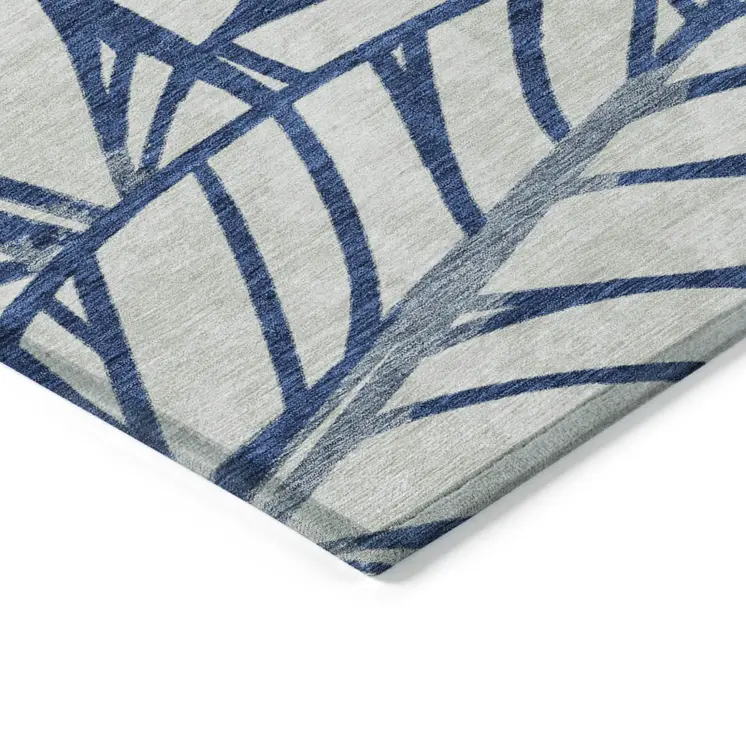3' X 5' Navy Blue And Beige Floral Washable Indoor Outdoor Area Rug