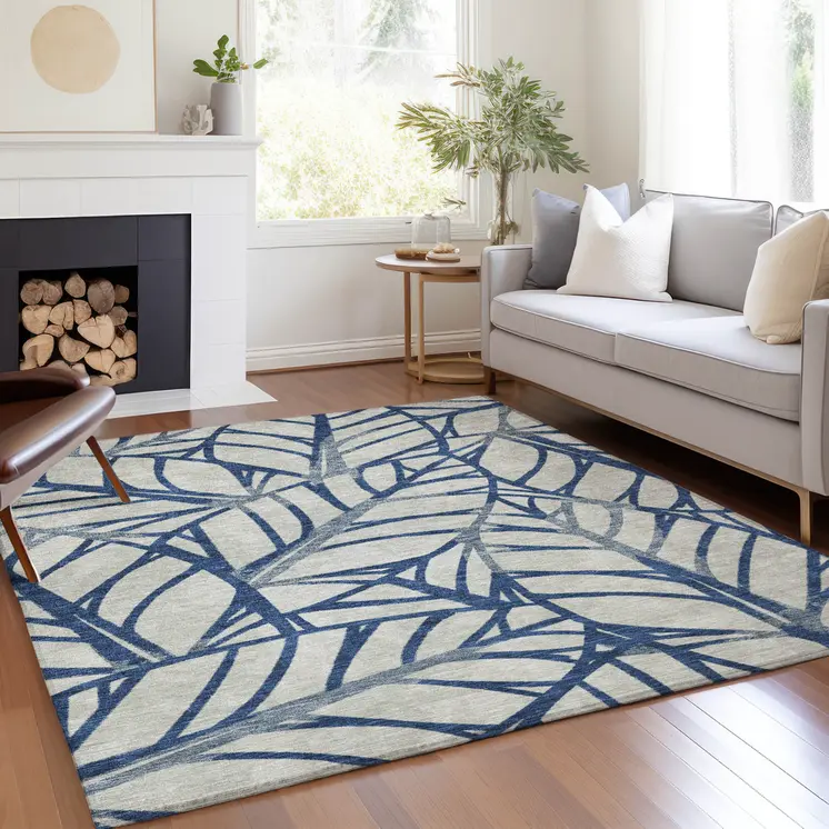 3' X 5' Navy Blue And Beige Floral Washable Indoor Outdoor Area Rug