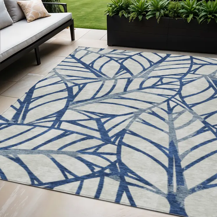 5' X 8' Navy Blue And Beige Floral Washable Indoor Outdoor Area Rug