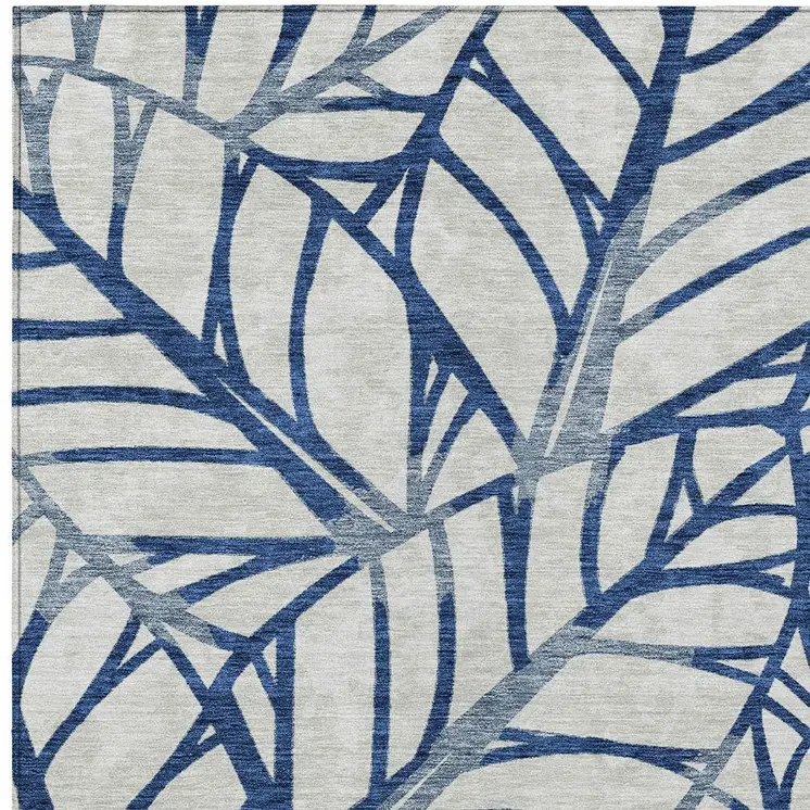 5' X 8' Navy Blue And Beige Floral Washable Indoor Outdoor Area Rug