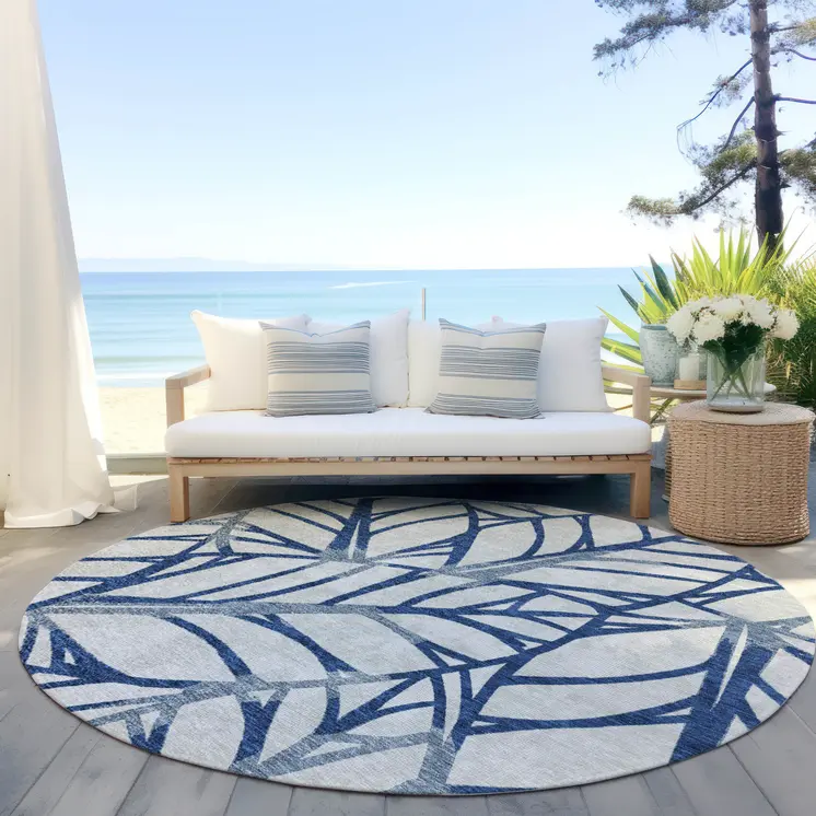 8' Navy Blue And Beige Round Floral Washable Indoor Outdoor Area Rug