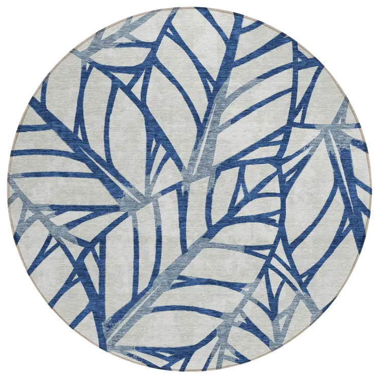 8' Navy Blue And Beige Round Floral Washable Indoor Outdoor Area Rug