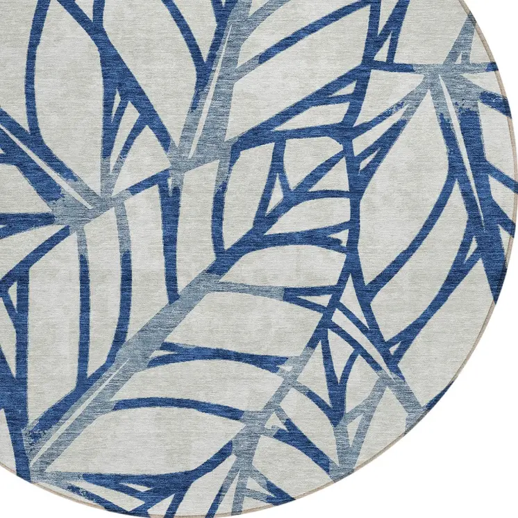 8' Navy Blue And Beige Round Floral Washable Indoor Outdoor Area Rug