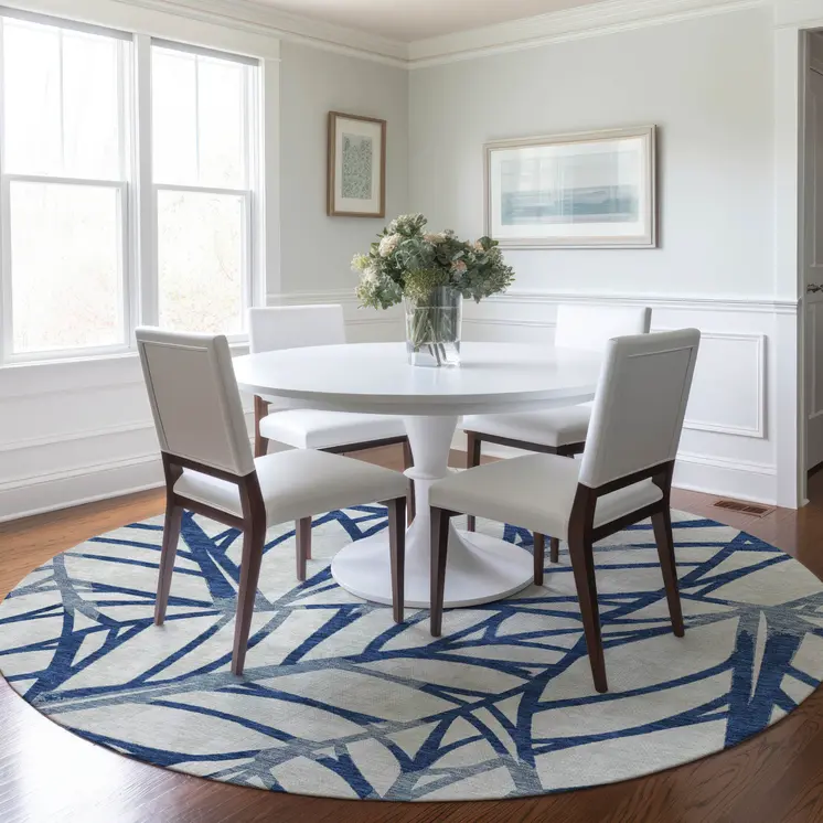 8' Navy Blue And Beige Round Floral Washable Indoor Outdoor Area Rug