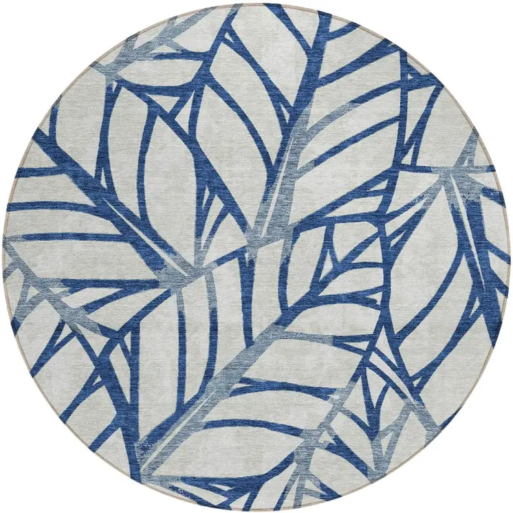 8' Navy Blue And Beige Round Floral Washable Indoor Outdoor Area Rug