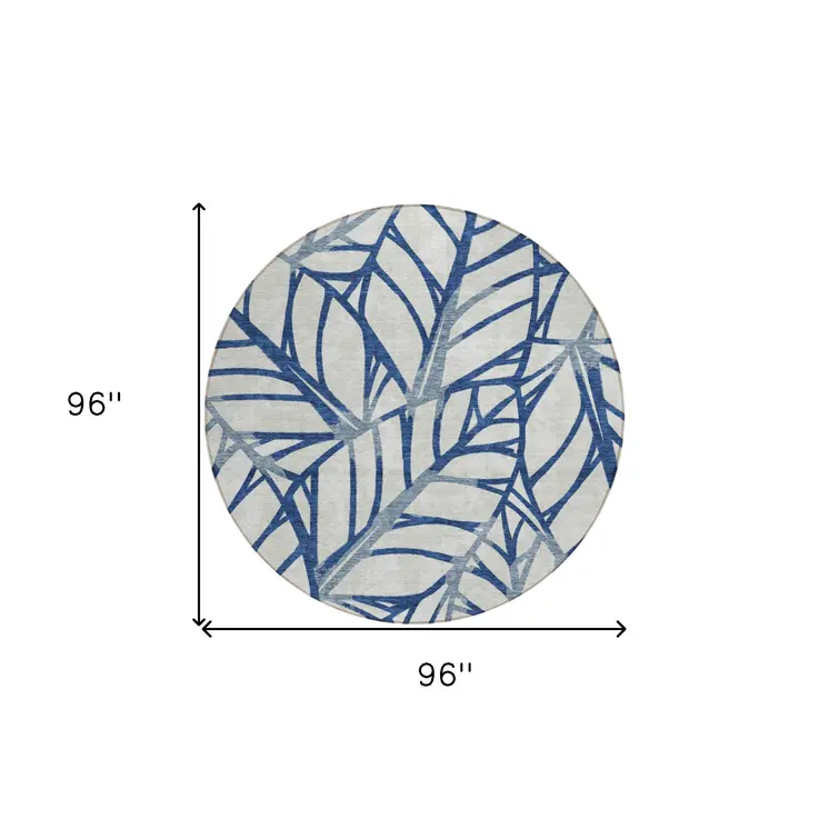 8' Navy Blue And Beige Round Floral Washable Indoor Outdoor Area Rug