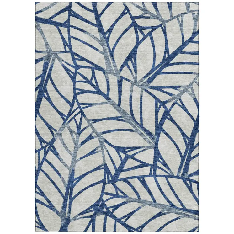 10' X 14' Navy Blue And Beige Floral Washable Indoor Outdoor Area Rug