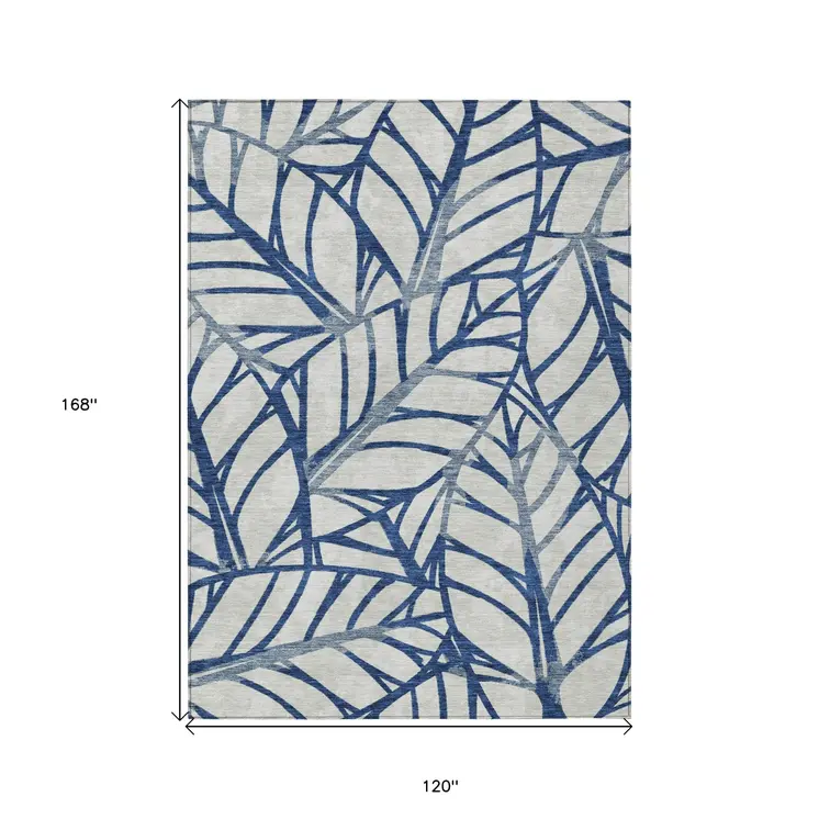 10' X 14' Navy Blue And Beige Floral Washable Indoor Outdoor Area Rug