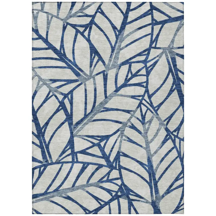 10' X 14' Navy Blue And Beige Floral Washable Indoor Outdoor Area Rug