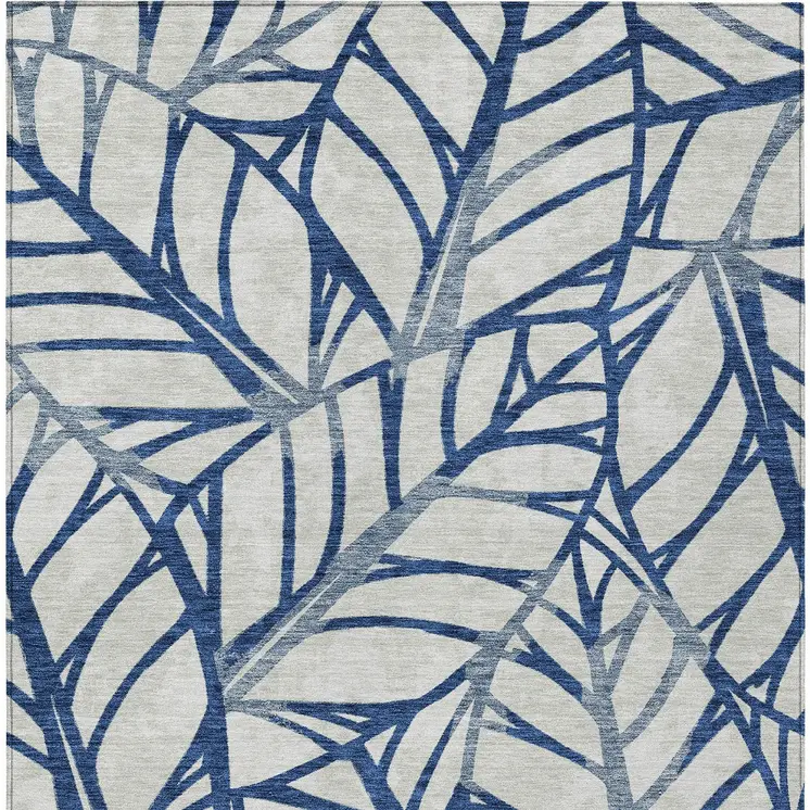 10' X 14' Navy Blue And Beige Floral Washable Indoor Outdoor Area Rug