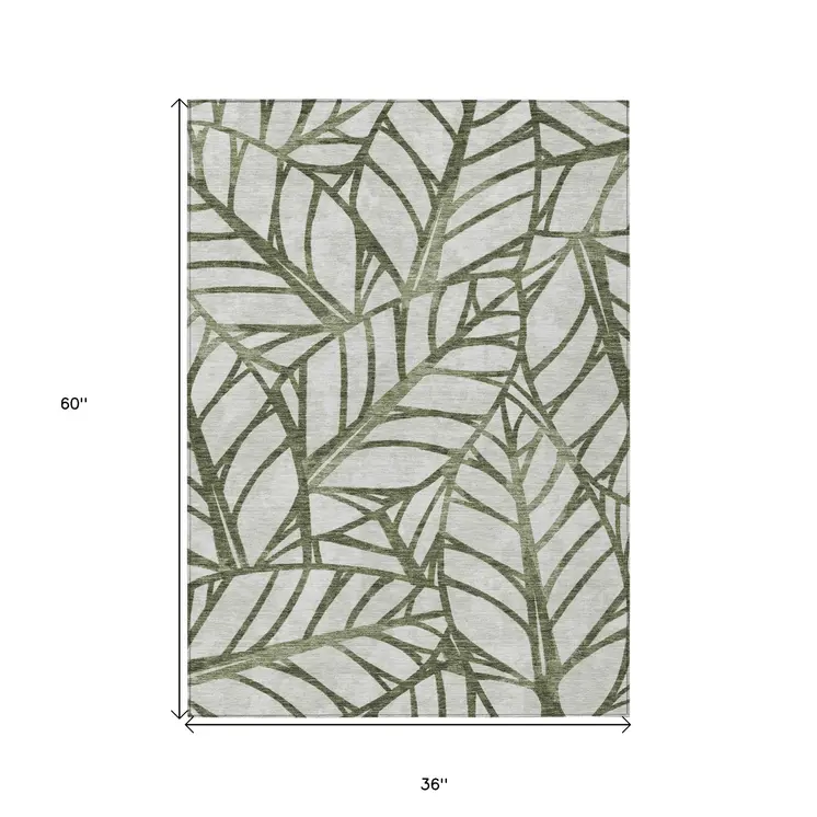 3' X 5' Olive Green And Beige Floral Washable Indoor Outdoor Area Rug