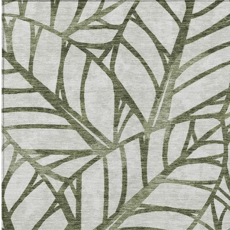 3' X 5' Olive Green And Beige Floral Washable Indoor Outdoor Area Rug