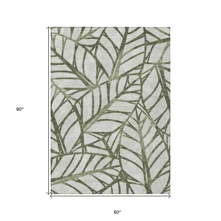 5' X 8' Olive Green And Beige Floral Washable Indoor Outdoor Area Rug